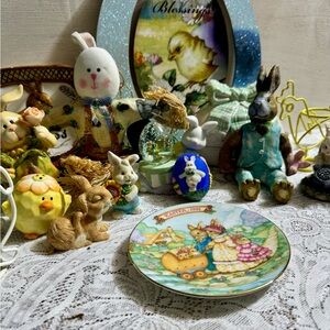 Easter Bunny Figurines and Decorative Plate Lot